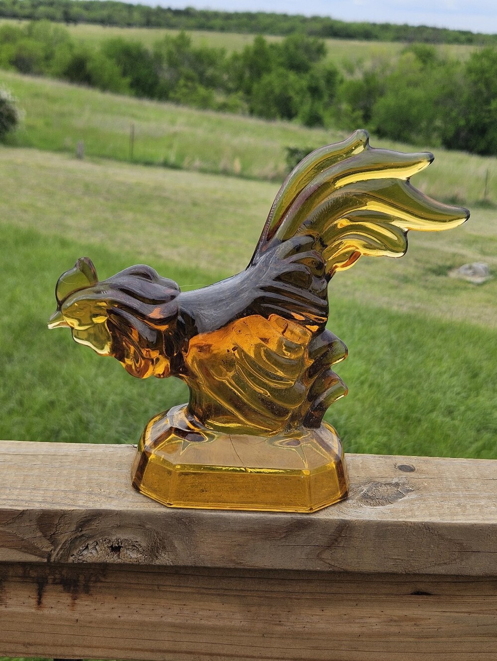Vintage L.E. Smith Amber Glass Rooster Fighting Figurine Paperweight MCM